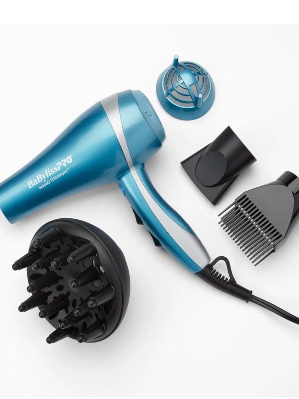 BaBylissPRO Nano Titanium Hair Dryer in Blue with Diffuser & Styling Nozzles